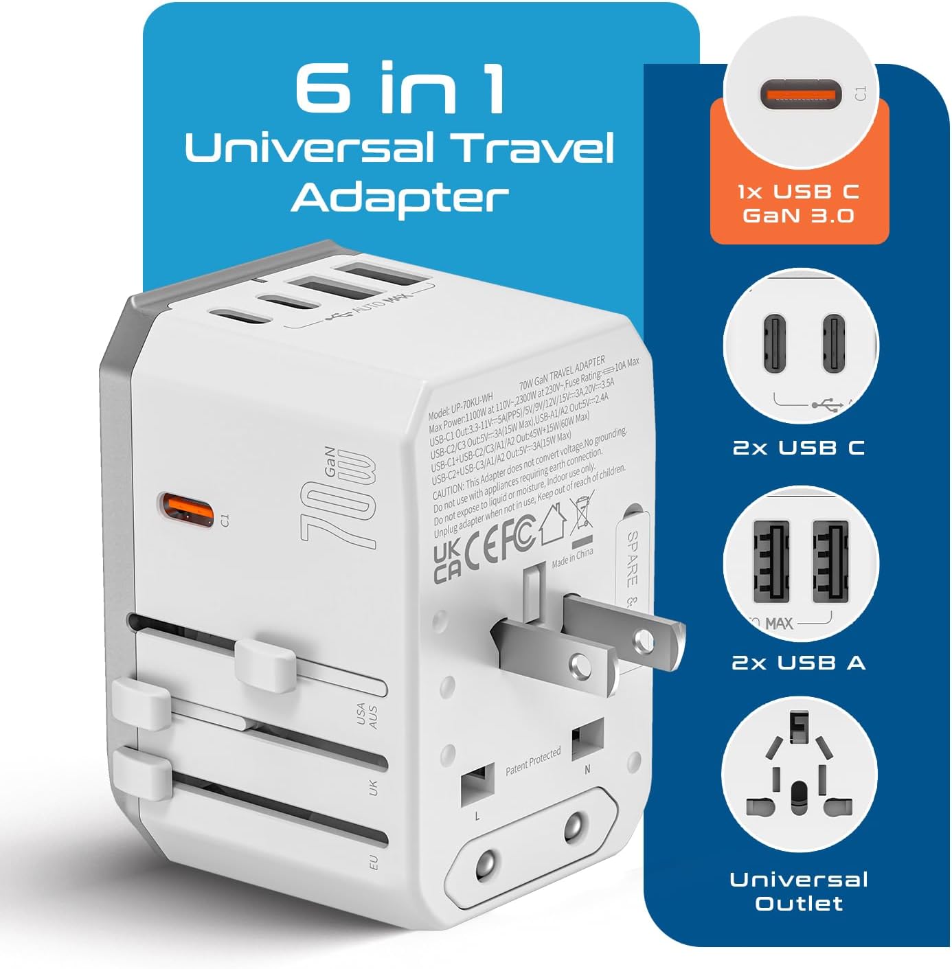 Ceptics 6 in 1 Universal Travel Adapter with PD 70W USB-C and 2X USB-A and 2X USB-C 3A, Universal Charger with QC 3.0 for US/EU/UK/AU, Universal Power Adapter with Type I C G A Outlets