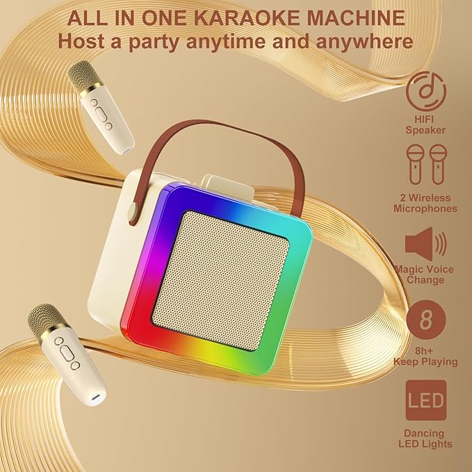 Karaoke Machine for Kids Adults, Portable Bluetooth Karaoke Speaker with 2 Wireless Microphones, Karaoke System with Mics Storage Hole and Lights, Birthday Gifts for Girls Boys Family Home Party-BubblyBeeBaby