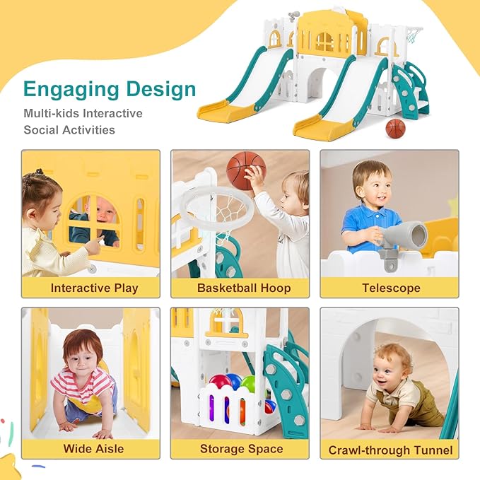 JOYLDIAS 9 in 1 Toddler Slide, Toddler Playground with Double Slides, Climber,Basketball Hoop,Tunnel, Telescope, Storage Space and Non-Slip Step, Indoor Outdoor Backyard Playset for Toddlers Age 1-3+-BubblyBeeBaby