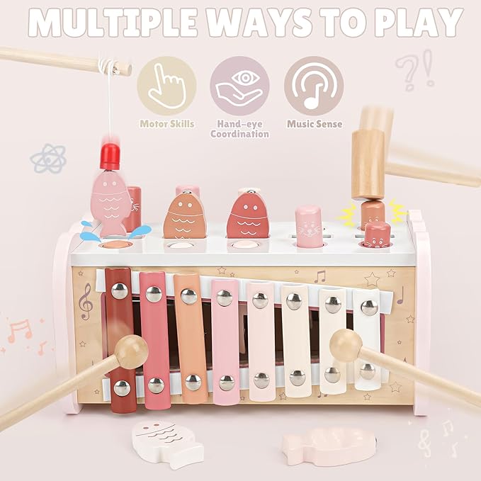 Joyreal Montessori Toys for 1 Year Old Girl Gift - Pink Wooden Hammering Pounding Toy with Xylophone & Fishing Game - Toddler Learning Activities for Kids 1+ 2 3 Year Old Christmas Birthday Gifts-BubblyBeeBaby