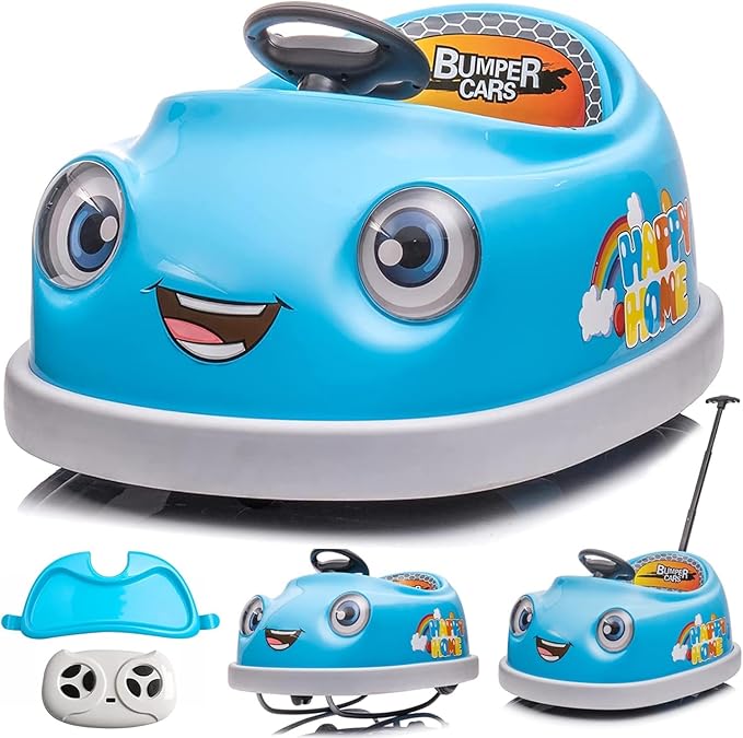 12V Dual Battery Electric Ride on Kids Bumper Car w/Remote Control,360 Degree Spin,Push Rod Rocker Horse Function,3-Speeds Babies & Toddlers Bumping Car Ride on Toy Gift for 1-4 Years Children (Blue)-BubblyBeeBaby