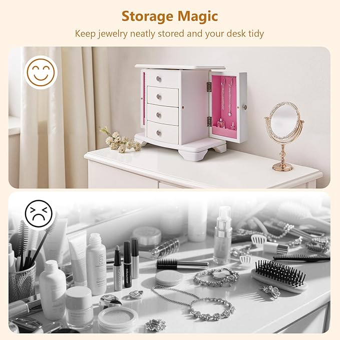 Jewelry Box,White Wooden Jewelry Box With Top Mirror, Jewelry Organizer Wooden Is Suitable For Storing Rings,Bracelets,Necklaces Etc-BubblyBeeBaby