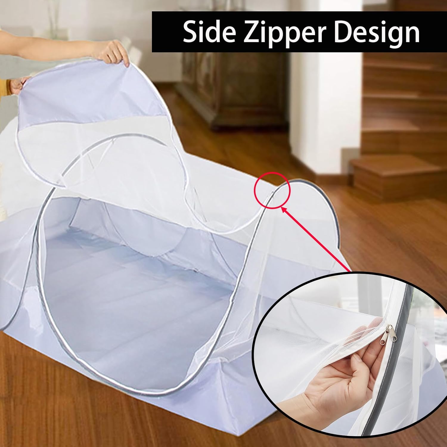 CMINGJ Portable Mosquito Net Foldable Pop-Up Travel Mosquito Net for Bed Free Installation-Suitable for Baby Adults Bedroom, Camping, nap, Patio (Large-Side Zipper(White net))