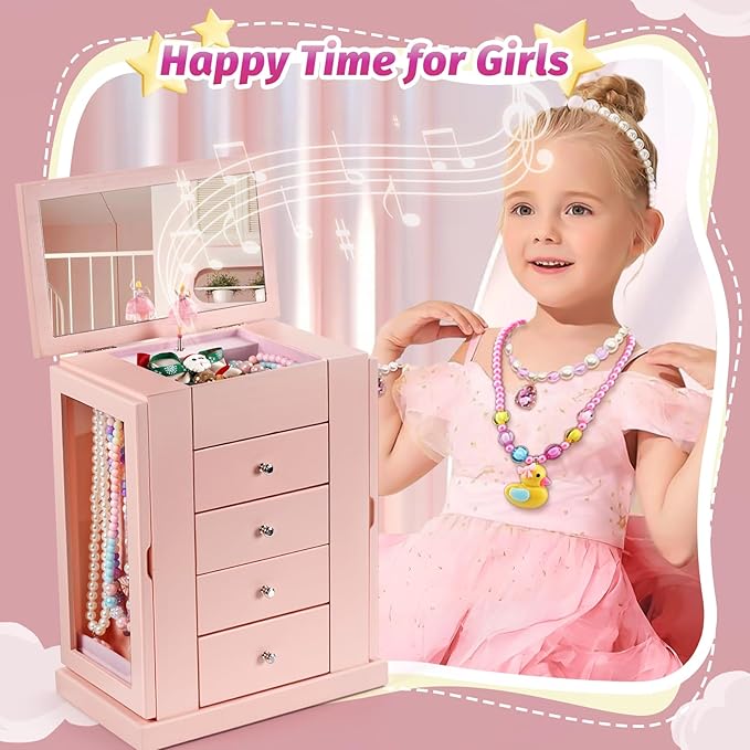 Jewelry Box for Girls, Musical Jewelry Box with Spinning Dancer Gifts for Little Girls Christmas New Year Birthday Children's Day, 5 Layer Large Wooden Kids Music Jewelry Organizer Box(Pink)-BubblyBeeBaby