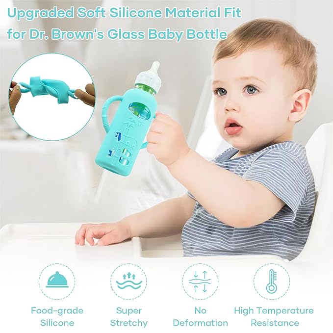 2 Pack Silicone Sleeves for Dr. Brown's Glass Baby Bottles, Anti Breakage Durable Baby Bottle Holder with Easy Grip Handles, Narrow Sleeve with a Cutout, Dishwasher/Freezer/Microwave Safe, 8 oz-BubblyBeeBaby