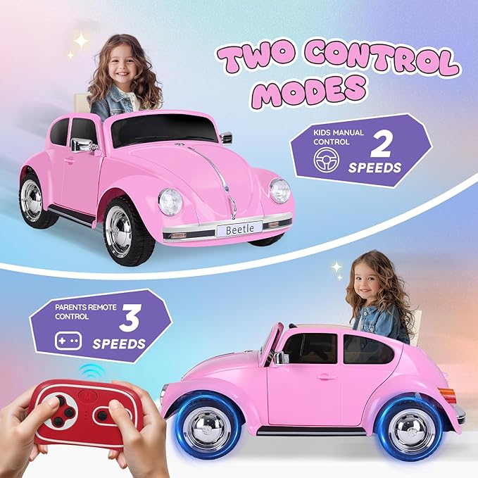 12V Kids Electric Car, Power Wheels with Remote Control, Ride on Car Toys with LED Light, 3 Speeds, Music, Pink-BubblyBeeBaby