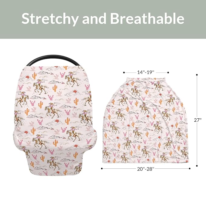 Cute Pink Cowgirl Car Seat Cover for Baby Western Cowgirls Horse Cactus Mountain Sunset Stretchy 5-in-1 Covers Adjustable Infant Carseat Canopy Cover Wild West Desert Breathable Nursing Cover-Up-BubblyBeeBaby