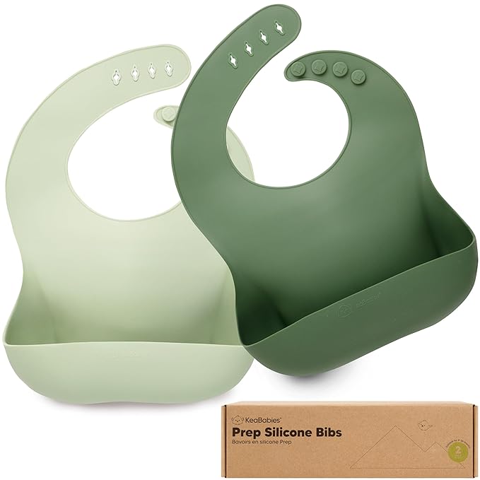 KeaBabies 2-Pack Silicone Baby Bibs for Eating - Sturdy Food-Grade Silicone Bibs for Babies Girl, Boy, Large Food Catcher, Clean & Put On Easily, Waterproof Toddler Feeding Essentials (Forest)-BubblyBeeBaby