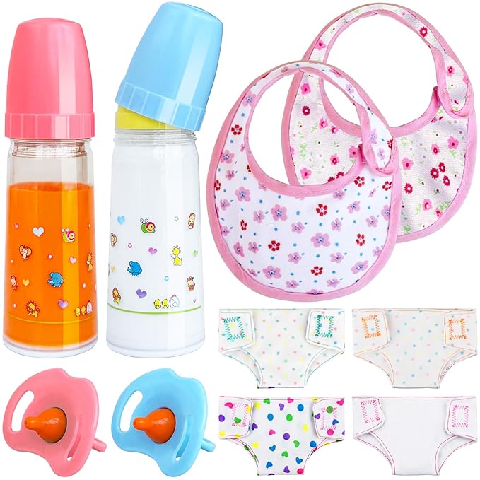 10 Pcs Baby Doll Bottle Feeding Accessories,Baby Doll Pretend Feeding and Caring Set for Kids Girls Ages-BubblyBeeBaby