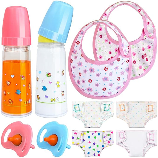10 Pcs Baby Doll Bottle Feeding Accessories,Baby Doll Pretend Feeding and Caring Set for Kids Girls Ages-BubblyBeeBaby
