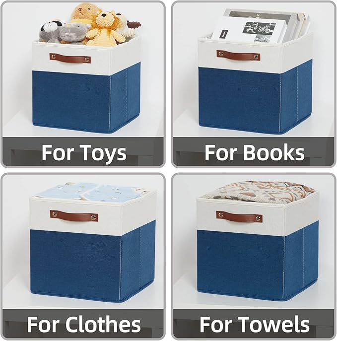 HNZIGE Cube Storage Baskets,Fabric Storage Cubes 12 x 12, Set of 4,Decorative Storage Baskets for Organizing with Handles,Blue Square Bins for Organizer Home Toy Nursery Closet(Blue White)-BubblyBeeBaby