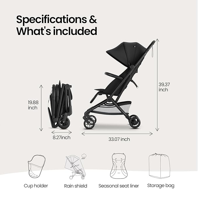 Mompush Velo Lightweight Travel Stroller – One-Hand Fold, Ultra-Compact & Airplane Friendly, Lie-Flat Recline Seat (from Birth to 50 lbs), Includes Cup Holder, Shoulder Strap, and Leather Bumper Bar-BubblyBeeBaby