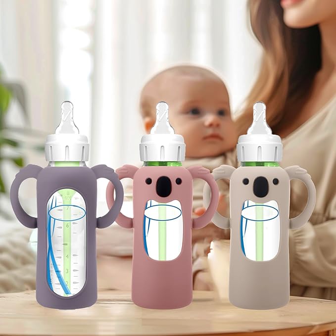 BUSOHA 3 Pack Koalas Silicone Sleeves for Dr. Brown's Glass Baby Bottles - Drop Protection Baby Bottle Sleeves Compatible with Dr Brown Newborn Glass Bottles with Silicone Handles,8 oz-BubblyBeeBaby