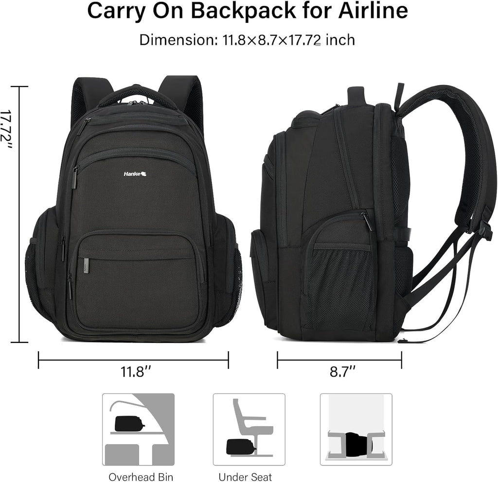 Hanke College Laptop Backpack Multi-Pocket, 18-Inch Large Travel Backpack for Men Women, Water Resistant College Bookbag for 15.6 Inch Laptop, Casual Daily Personal Item Size Airline Approved,Black