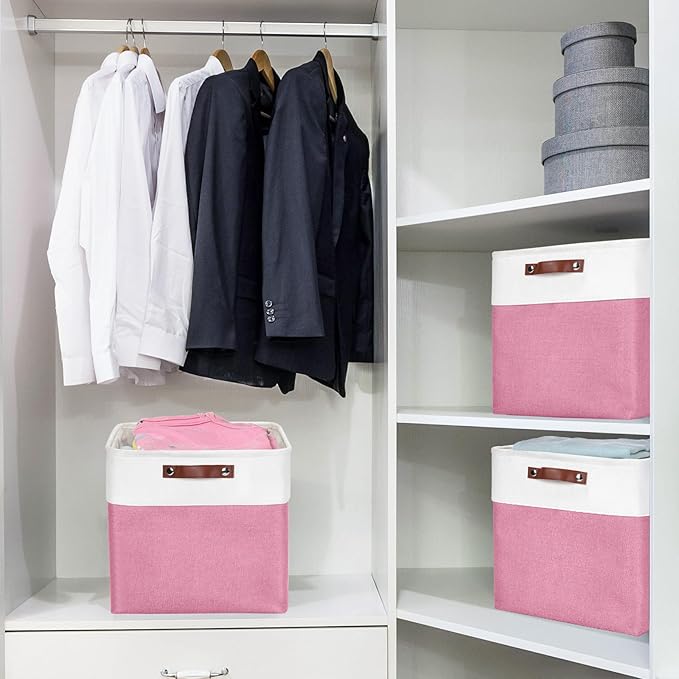 13x13 Cube Storage Bins, Collapsible Fabric Storage Box, 4 Pack Closet Baskets with Handles for Organizing, Shelf, Toys, Clothes, Home, Office, Nursery (Pink&White)-BubblyBeeBaby