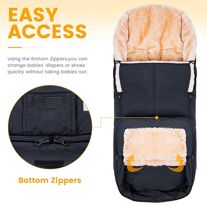 Orzbow Stroller Footmuff Universal | Faux Wool Baby Bunting Bag | Warm, Weather-proof, Adjustable Buckles | Winter Stroller Zipper Blanket Cover | Baby Sleeping Bag for Cold Weather Accessories, Black-BubblyBeeBaby