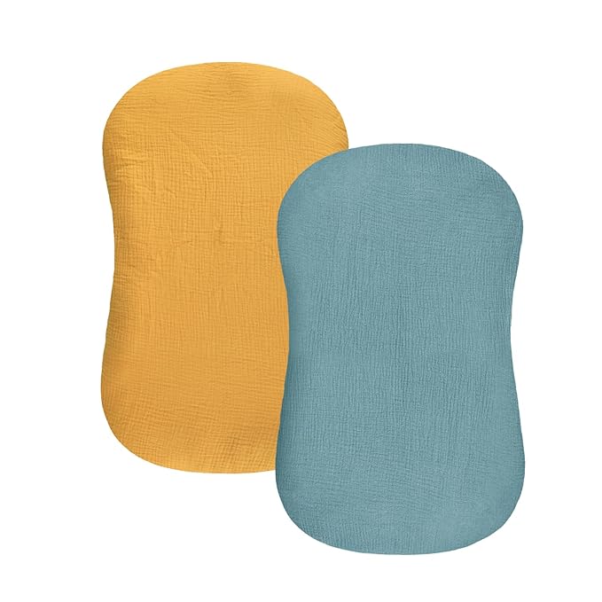 Hooyax Baby Lounger Cover 2 Pack - 100% Muslin Cotton Newborn Lounger Pillow Covers Only, Soft Breathable Infant Lounger Cover with Reinforced Stitching, Fits Most Standard Baby Loungers (Blue Ginger)-BubblyBeeBaby