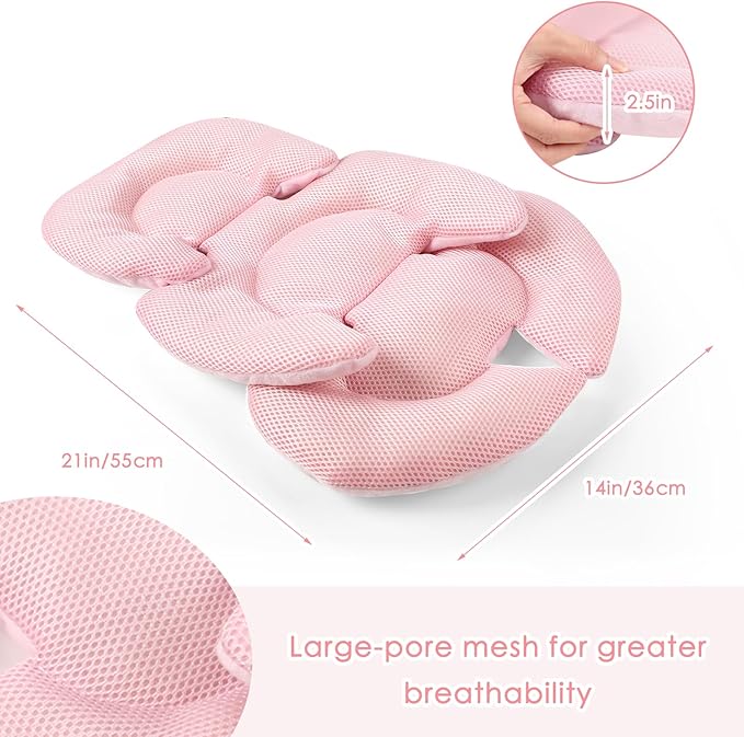 Infant Car Seat Insert for Newborn Girls Boys, Summer Mesh Baby Carseat Head Support with Strap Pads, Soft Reversible Baby Car Seat Insert Cushion Pad for Car Seat, Stroller, Bouncer, Swing, Pink-BubblyBeeBaby