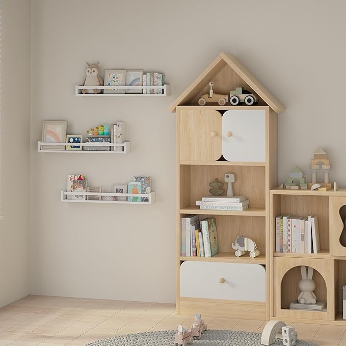 Heimlove Nursery Floating Shelves, White Nursery Book Shelves for Wall, 32 inch Wall Bookshelf for Kids Solid Wood Wall Mounted Shelves for Books,Toys and Decor Storage, Set of 3-BubblyBeeBaby