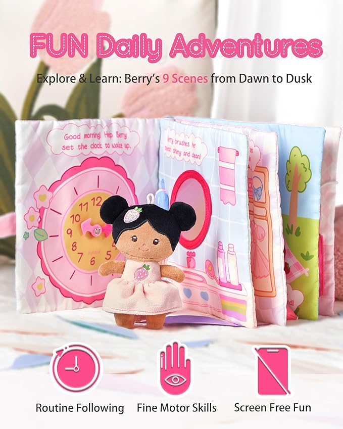 Interactive Sensory Soft Cloth Book, Educational Crinkle Quiet Activity Busy Book for Babies,Toddler Travel Toy Gift for 1-3 Year Old Boys and Girls (A Berry Special Day)-BubblyBeeBaby