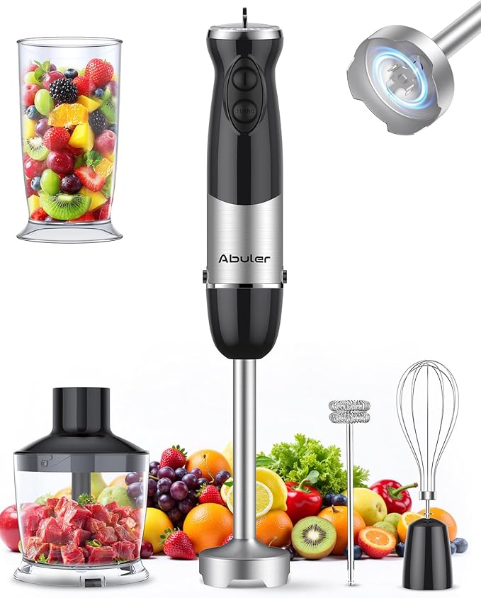 Immersion Blender Handheld 1000W 5 in 1 Corded Stick Hand Blender Kitchen with 12 Speed, BPA-Free, Mixing Beaker, Chopper, Whisk, Milk Frother, Perfect Emulsifier for Soup, Baby Food, Sauce, Puree-BubblyBeeBaby