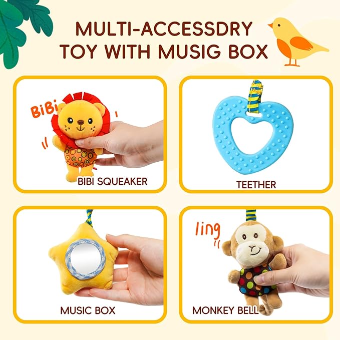 Jollybaby Crib Stroller Car Seat Toys for Baby 0-3-6-9-12 Months, Tummy Time Hanging Sensory Toys for Newborn with Music Box and Teether, Spiral Carseat Toy for Infant Boys Girls Gifts (Little Lion)-BubblyBeeBaby