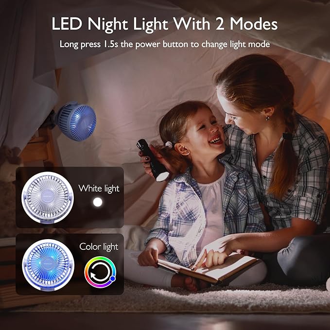 Momcozy Portable Stroller Fan, 8000mAh, 27H Ultra-long Battery Life, Detachable 4 Speed 360°Rotate, LED Night Light with 2 Modes, USB Rechargeable Handheld Cooling Fan for Travel, Car Seat, Bedroom-BubblyBeeBaby