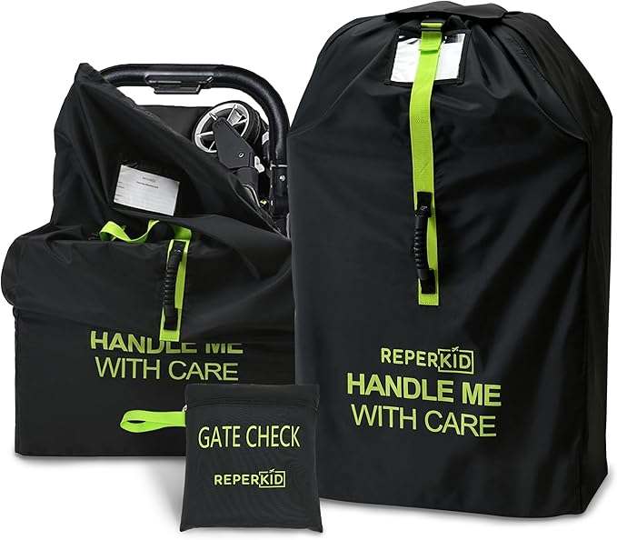 reperkid Medium Stroller Bag for Airplane Travel, Black & Green, 42" H x26 W x13 D, Fits Most Single Strollers Incl. Jogging & Standard Models – Premium Waterproof Cover, Adjustable Shoulder Straps-BubblyBeeBaby