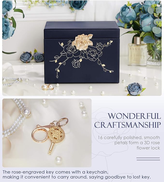 Jewelry Box with Lock for Girls: Jewelry Organizer for Dresser - 3-Drawer Earrings Storage Girls Women Gift (Dark Blue-BubblyBeeBaby