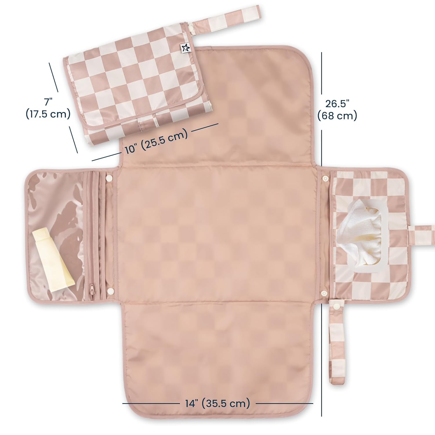Tiny Twinkle Portable Diaper Changing Pad-Foldable Waterproof Changing Mat&Portable Changing Pad for Travel,Baby Changing Station with Smart Wipes Pocket&Storage (Beige Checkers)