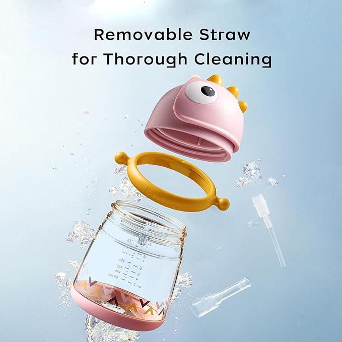 bc babycare Straw Sippy Cups for Toddler, No Spill Sippy Cups for Baby 1+ Year Old, Transition Weighted Sippy Cup with Straw and Strap, 10oz/300ml, Pink-BubblyBeeBaby