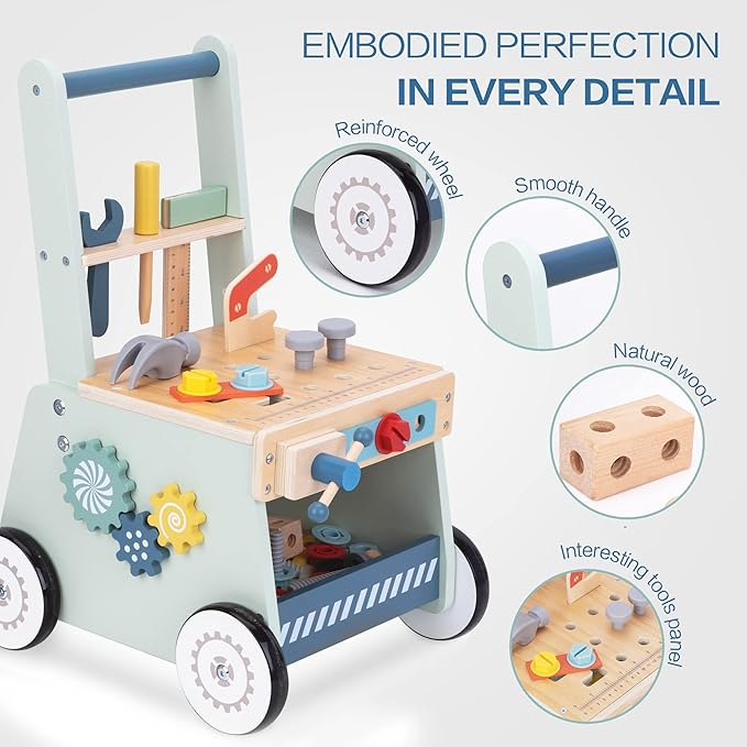 2-in-1 Baby Push Walker - Wooden Push Walker and Tool Toy for Babies - Toddler Learning Activity Walker for Girls Boys 1-3 Years - Educational and Sturdy Construction-BubblyBeeBaby