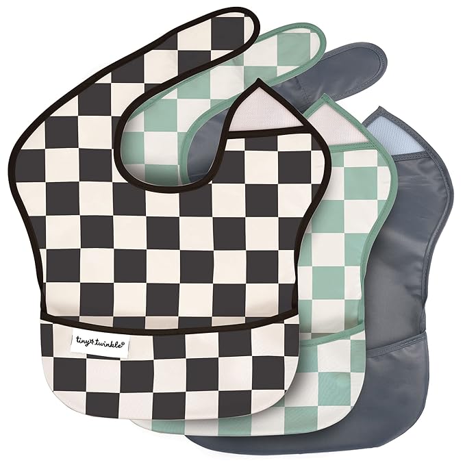 Tiny Twinkle Mess-Proof Baby Bib - Waterproof Bib for Baby Boy or Girl - Machine Washable - Adjustable Closure - PVC, BPA, & Phthalate Free - Great for Travel - Baby Food Bibs (3 Pack, Checkers Boy)-BubblyBeeBaby