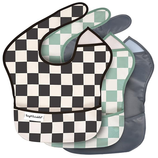 Tiny Twinkle Mess-Proof Baby Bib - Waterproof Bib for Baby Boy or Girl - Machine Washable - Adjustable Closure - PVC, BPA, & Phthalate Free - Great for Travel - Baby Food Bibs (3 Pack, Checkers Boy)-BubblyBeeBaby