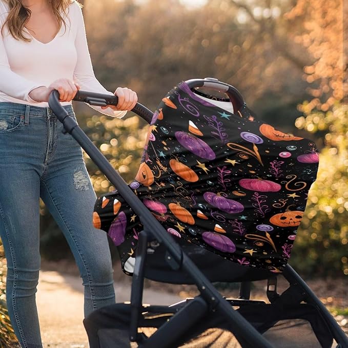 Binienty Infant Carseat Canopy, Cute Halloween Pumpkin Nursing Cover Soft Breathable Baby Car Seat Covers, Gifts for Mom Lover Wife-BubblyBeeBaby