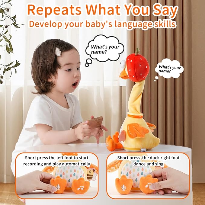 Jollybaby Plush Talking Singing Dancing Musical Strawberry Duck Toy for Toddlers 1-3 Just Like Cactus Toy, Music Mimicking Interactive Toys for Crawling Kids, Sensory Gift for Baby 0-6-12 Month-BubblyBeeBaby