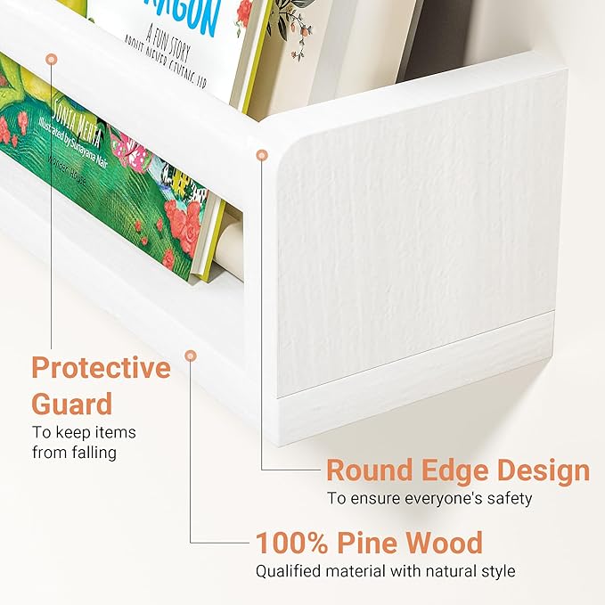 Heimlove Nursery Floating Shelves, White Nursery Book Shelves for Wall, 24 inch Wall Bookshelf for Kids Solid Wood Wall Mounted Shelves for Books,Toys and Decor Storage, Set of 3-BubblyBeeBaby