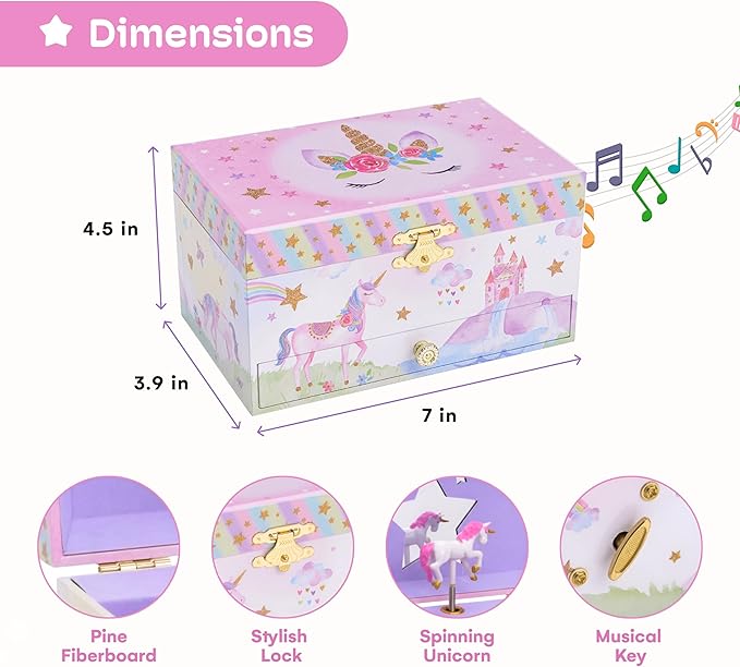 Jewelkeeper Jewelry Box for Girls with 1 Drawer - Unicorn Musical Jewelry Boxes, Beautiful Dreamer Tune, Spinning Unicorn Doll, Little Girl Music Box, Gifts for 5 Year Old Girls (Engineered Wood)-BubblyBeeBaby