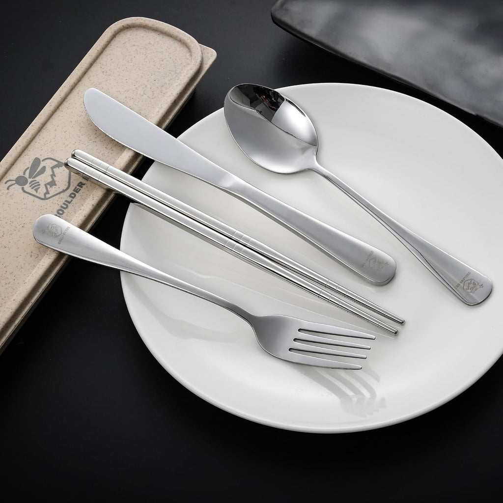 Boulder Bee Travel Utensils Set | Reusable Camping Cutlery Set | Stainless Steel Flatware Set | Portable Silverware Set with Case | Includes Knife/Fork/Spoon/Chopsticks/Cleaning Cloth/Case (Sliver)