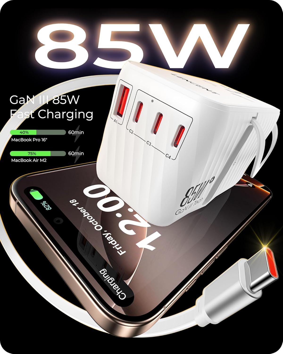 LENCENT 85W Universal Travel Adapter with Retractable USB C Cable, GaN International Plug Adapter with 3 Type C &1 USB A Ports Fast Charging, Worldwide Outlet Converter for US to European EU UK AUS