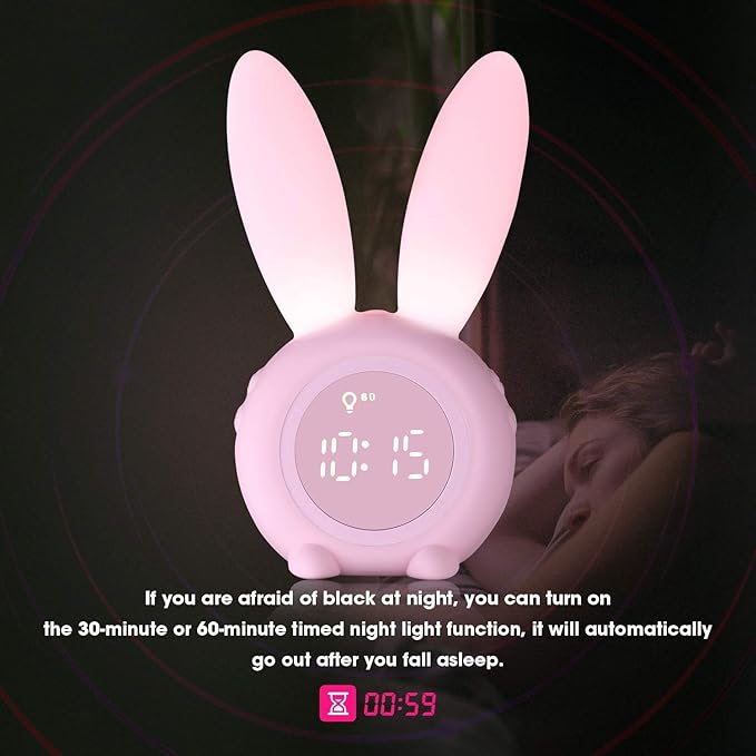 KDtech Kids Alarm Clock with Night Light 6 Ringtones, Cute Pink Bunny Digital Alarm Clock for Kids, Touch Control and Rechargeable Sleep Trainer Clock for Boys Girls Bedroom-BubblyBeeBaby