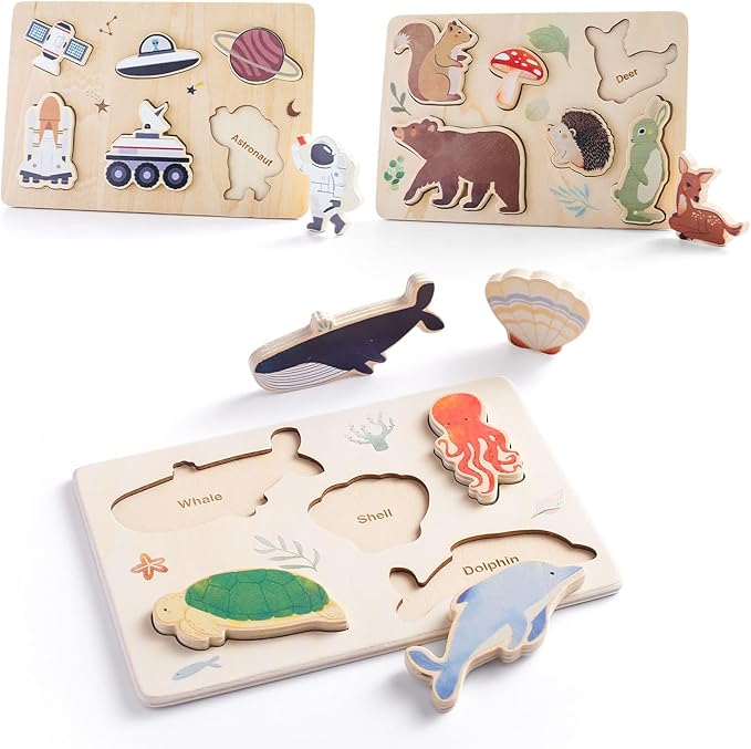 IEATFO 3 Packs Space Ocean Forest Wooden Chunky Puzzles for Toddlers, Wood Puzzle for Kids, Insert Puzzles Each Piece Fits Perfectly, Sturdy and Pegless, Educational Toys-BubblyBeeBaby