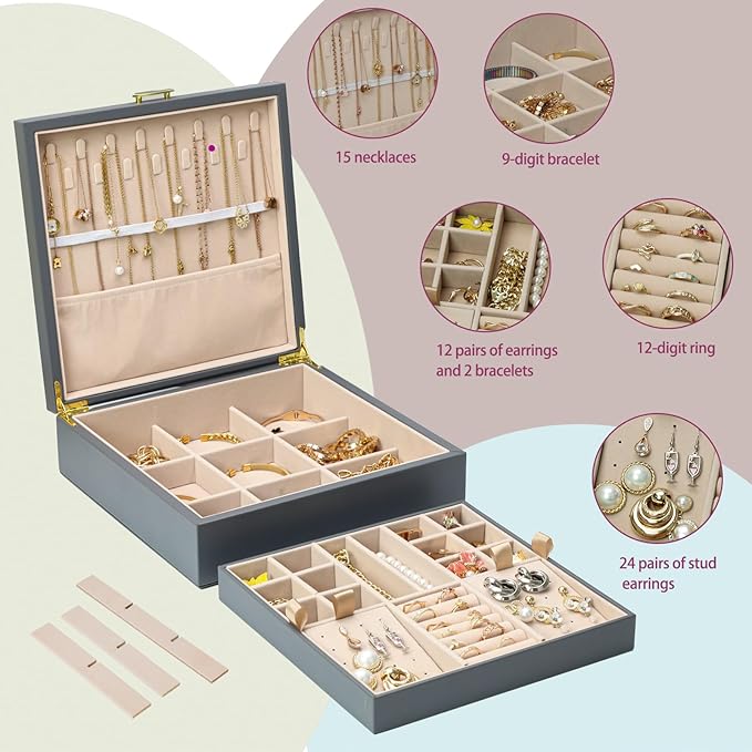 2-layer jewelry box，Jewelry Organizer with Handle，with hanging necklace hooks, detachable jewelry trays, suitable for storing a large amount of jewelry gift box (Large-Grey)-BubblyBeeBaby