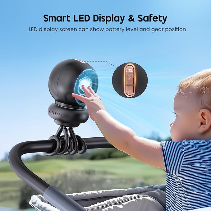 Stroller Fan, Battery Operated Baby Stroller Fans, 8000mAh Rechargeable Fans, 75° Auto Oscillation Portable Fan, 5-12H Runtime, 4 Speeds Wind, Detachable Base & LED Display-BubblyBeeBaby