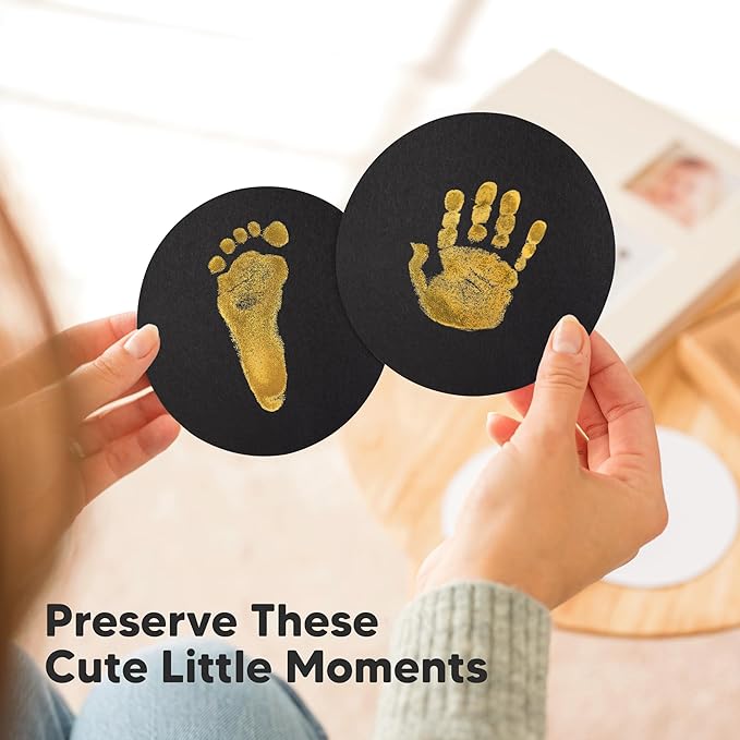 2-Pack Round Inkless Baby Hand and Footprint Kit - Mess Free Ink Pad for Newborn Keepsake, Dog Nose & Paw Print Kit, Clean Touch Ink Pad for Baby Hand & Footprints, Ideal New Mom Gifts (Gold)-BubblyBeeBaby