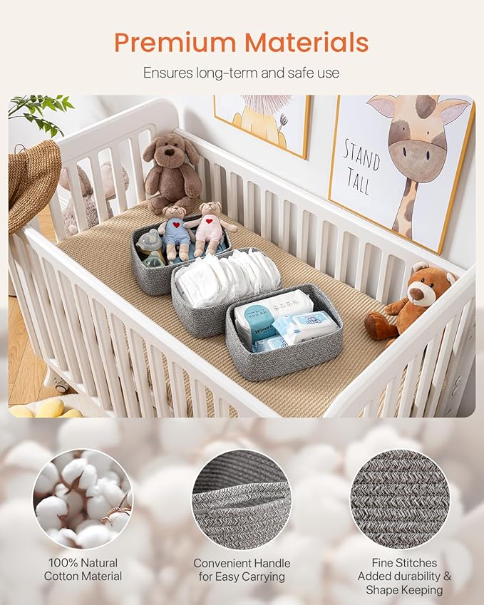 KALLAX Small Woven Basket, 12 x 8 x 4.5 Inches, Storage Basket for Organizing, Cute Small Rope Shelf Closet Cube Storage Bins Baskets for Shelves, Dog Toy Gift Baskets Empty, 3 Packs, Mixed Grey-BubblyBeeBaby