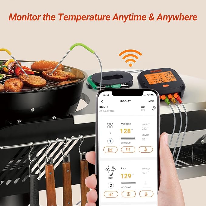 Inkbird WiFi Meat Thermometer for Grilling, Unlimited Rang Rechargeable BBQ Thermometer APP Calibration, Temp Graph Mobile Notification, 4 Colorful Probes Food Thermometer for Pellet Smoker Oven-BubblyBeeBaby