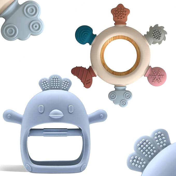 Baby Teething Toys by Komfy LilLove, No Drop Teether and Ring Teether for Baby Teething Relief, Non-Toxic Infant Toys 0-6 6-12 Months, CPC Certified Teething Mitten, Baby teether Toys – 2 Pack-BubblyBeeBaby
