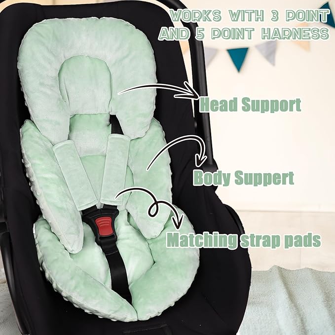 GFU Infant Car Seat Insert Head and Body Support, Reversible Newborn Insert for Carseat with Strap Pads, Soft Stroller Cushion Pillow Insert for Boys and Girls, Fits for Stroller, Swing, Green-BubblyBeeBaby