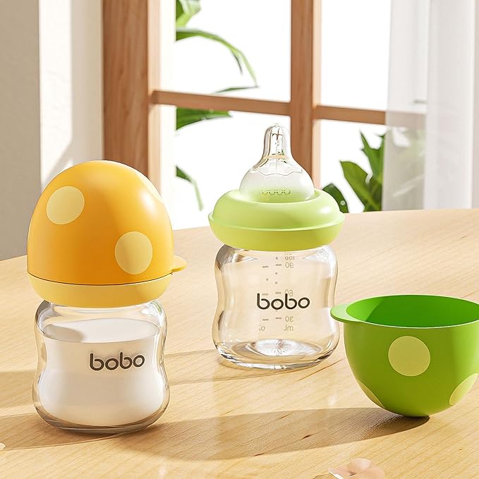 YOHKOH Natural Glass Baby Bottle with Natural Response Nipple, Newborn Anti-Colic Baby Bottles, Wide Neck Mushroom Cap Baby Bottle, Clear (Yellow-A, 3.4oz (Pack of 4))-BubblyBeeBaby